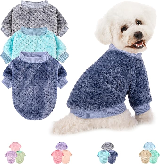 Dog Sweater, 3 Pack Dog Sweaters for Small Medium Dogs or Cat, Warm Soft Flannel Pet Clothes for Dogs Girl or Boy, Dog Shirt Coat Jacket (Small, Grey+Navy+Sky Blue)