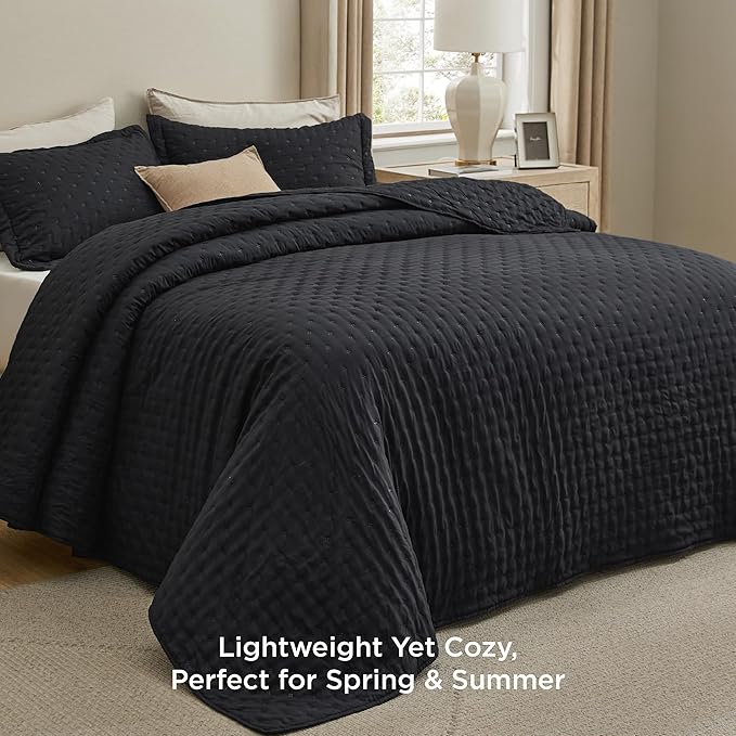 Bedsure Quilts Queen Size - Black Bedspread Queen Size & Lightweight Comforter, Modern Coverlet with Clover Pattern, Ultra Soft All-Season Bedding, 90 x 96 Inches | Stitch-Free Quilting, Ultra Soft, Lightweight, Machine Washable, Pet-Friendly