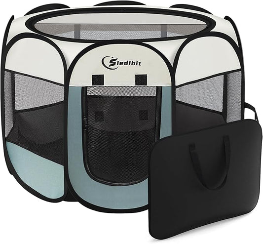 Dog Playpen, Puppy Pet Playpen, Medium Dogs Tent Crates Cage Indoor/Outdoor, Portable Pop Up Dog Kennel Playpen with Carrying Case for Dogs/Cats/Rabbits, Removable Zipper Top, Grey