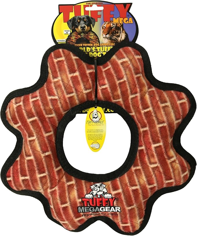TUFFY - World's Tuffest Soft Dog Toy - MEGA -Multiple Layers. Made Durable, Strong & Tough. Interactive Play (Tug, Toss & Fetch). Machine Washable & Floats (Gear Ring Brick, Large 2 Pack)