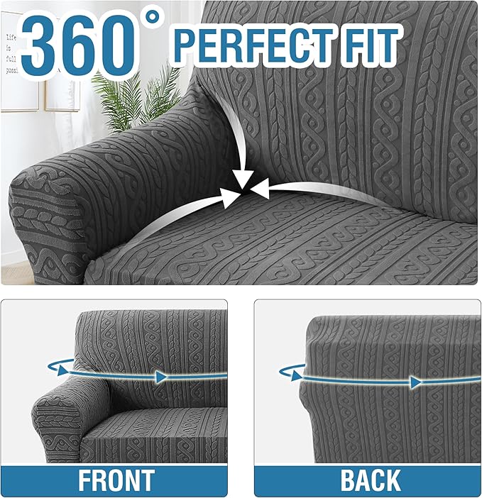 H.VERSAILTEX Jacquard Couch Covers for 3 Cushion Couch 1 Piece Stretch Sofa Covers Furniture Protector Anti-Slip Soft Thickened Dogs Slipcovers Washable Spiral Pattern(Sofa, Grey)