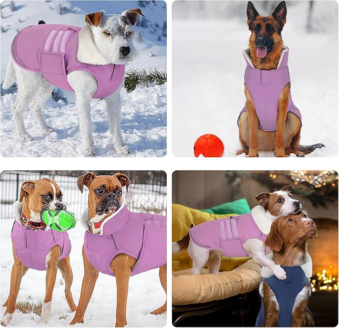 Mklhgty Extra Warm Dog Coat, Waterproof Dog Winter Jacket with Leash Portal, Fleece Reflective Pet Snow Vest for Small Medium Large Dogs - Lilac - M