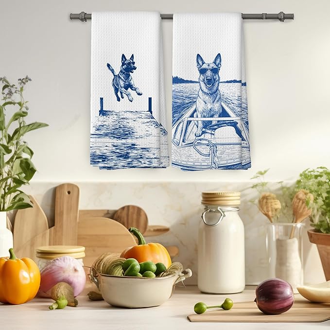Lake House Decor Belgian Malinois Kitchen Towels Set of 2, Summer Funny Lake Dog Coastal Bathroom Hand Towel, Dog Lover Gifts Tea Towel Dish Towels 16x24 Inch
