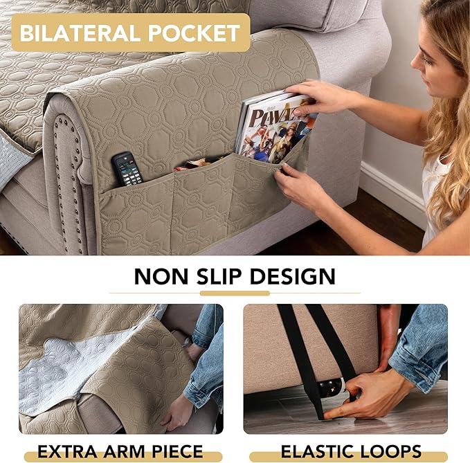 H.VERSAILTEX 100% Waterproof Sofa Covers for Dogs Pets with Non Slip Backing Couch Seat Covers with Side Pocket for 3 Cushion Couch Washable Dog Couch Cover Protector Sofa Slipcovers (Sofa, Taupe)