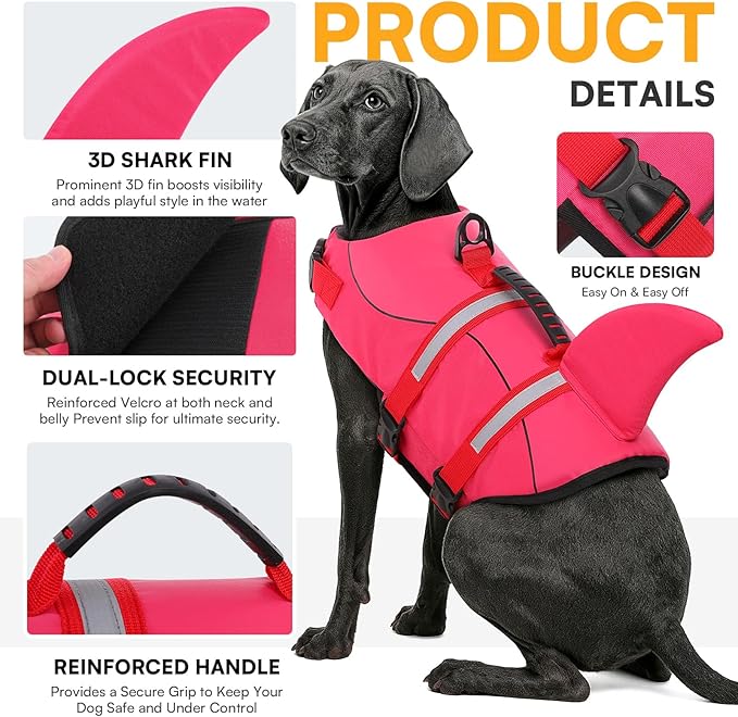 Queenmore Dog Life Jacket High Flotation, Reflective Dog Life Vest for Swimming, Adjustable Dogs Life Preserver Rescue Handle Spring Summer Pool for Small, Medium, Large Dogs (Rosepink,XL)
