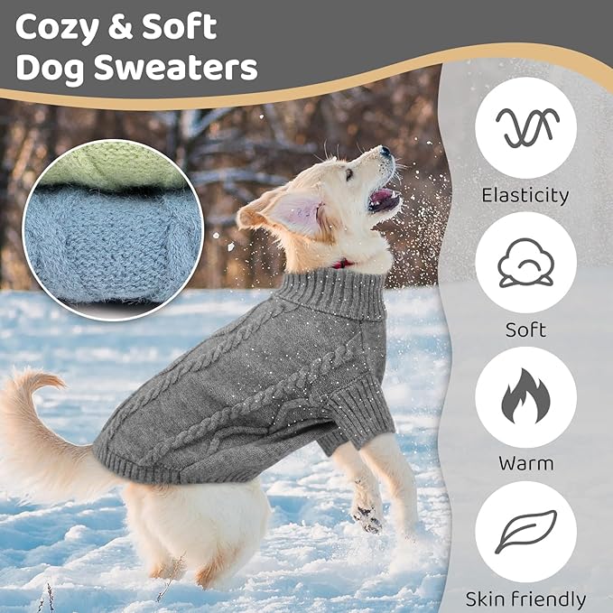 Queenmore Small Dog Pullover Sweater, Cold Weather Cable Knitwear, Classic Turtleneck Thick Warm Clothes for Chihuahua, Bulldog, Dachshund, Pug (Slate Grey, Medium)
