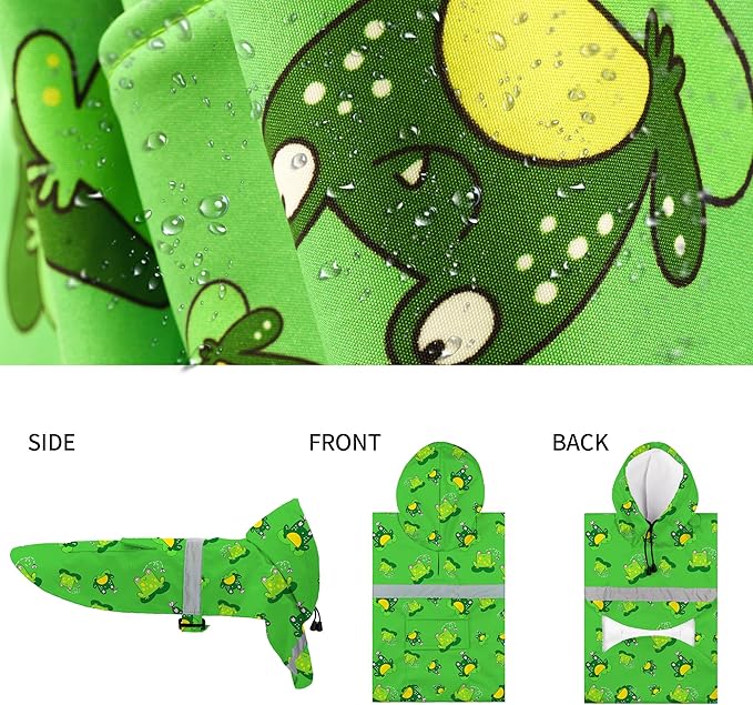 DELIFUR Large Dog Raincoat - Waterproof Dog Rain Poncho Adjustable Double Layer Rain Jacket with Hood for Medium Large Dogs Designed with Leash Hole Reflective Strip(Green Frog, XXX-Large)