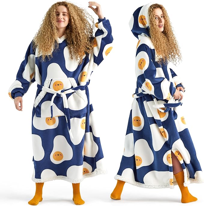 Bedsure Oversized Wearable Blanket Hoodie for Women, Long Printed Hooded Blanket Sweatshirt with Big Pocket as Gifts for Girl, Fried Egg, Sea Blue