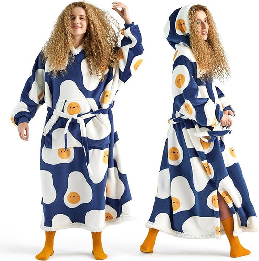 Bedsure Oversized Wearable Blanket Hoodie for Women, Long Printed Hooded Blanket Sweatshirt with Big Pocket as Gifts for Girl, Fried Egg, Sea Blue