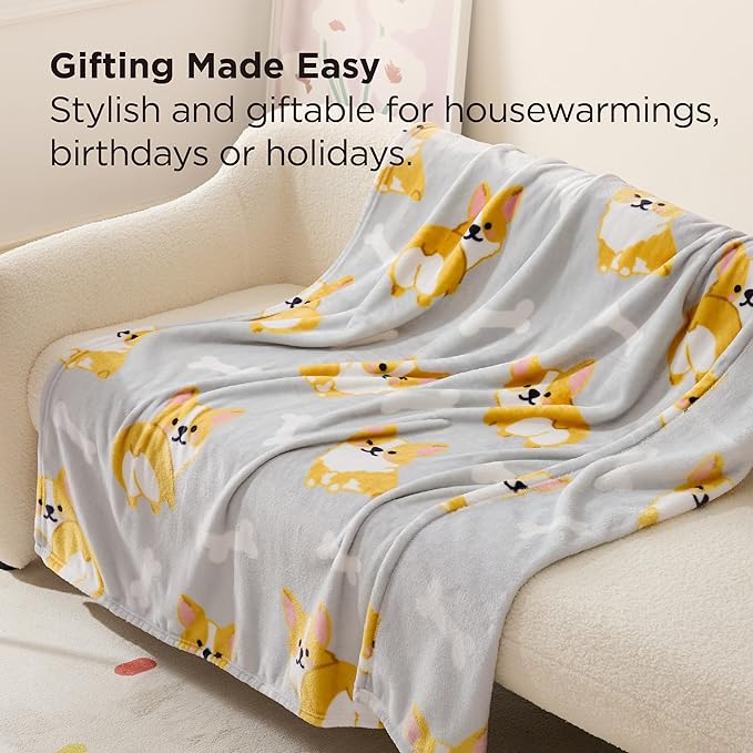 Bedsure Cute Dog Blanket for Kids as Birthday Gifts - Corgi Gifts for Corgi Lovers Girls Boys Women Teens, GentleSoft Cozy Home Decor Animal Pattern Blankets for Couch Sofa Bed Camping, Grey, 50x60