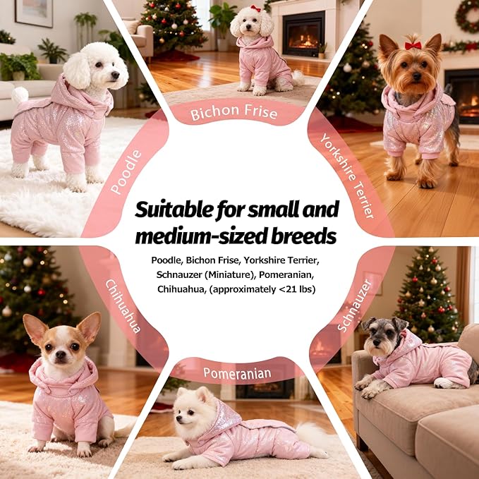 White Duck Down Dog Coat - 4-Leg Coverage, Waterproof Windproof Warm Winter Snowsuit, Cotton Anti-Static Lining, Built-in Harness Hole for Small/Medium Dogs,Size 13(M) Pink
