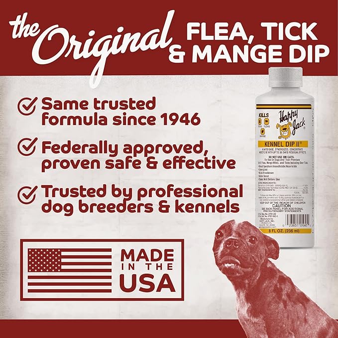 Happy Jack Kennel Dip Dog Flea and Tick Treatment & Prevention, Made in USA, Spray Yard & Home 30-Day Control, Kills Fleas, Ticks, Deer Ticks, Mange, Lice, for Puppies, Small to Large Dogs (8 oz)