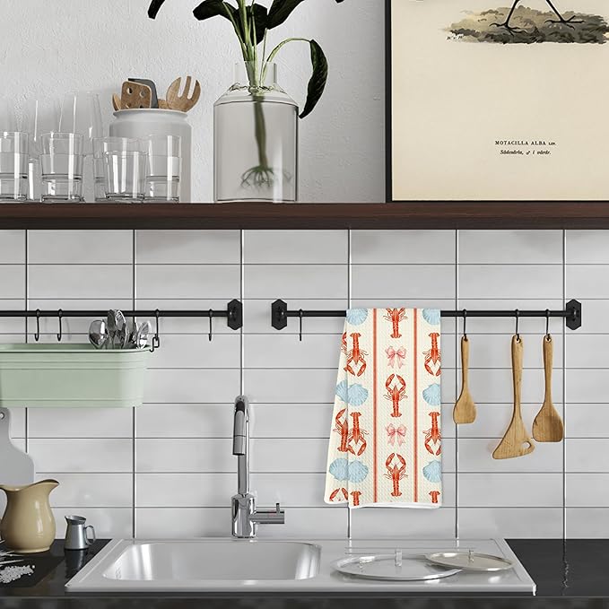 Coquette Pink Bow Seashell Lobster Beach Kitchen Towels, Ocean Crawfish Dish Tea Towels for Kitchen, Coastal Nautical Hand Towels for Bathroom, Seafood Boil Party Supplies, 16x24 Inch