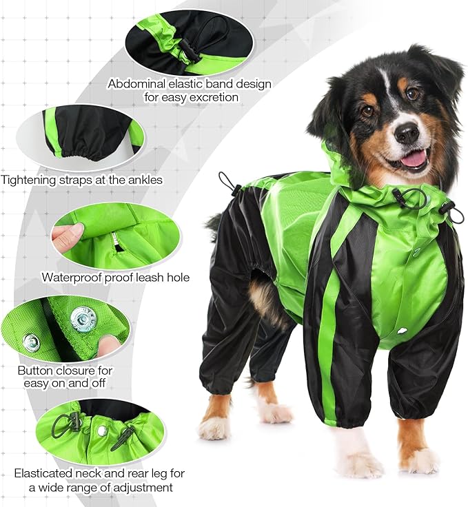 Dog Raincoat, Lightweight Rain Jacket, Adjustable 4-Legs Pet Poncho with Hood, Snow-Proof Dog Vest Rainwear, Rain Clothes Apparel with Leash Hole