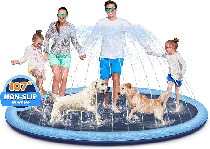 Splash Pad for Kids and Dogs, 107'' Extra Large Splash Pad for Toddlers 1-3 and Kids Ages 4-8, Non Slip Thicken Sprinkler Dog Pool Summer Outdoor Water Toys for Backyard