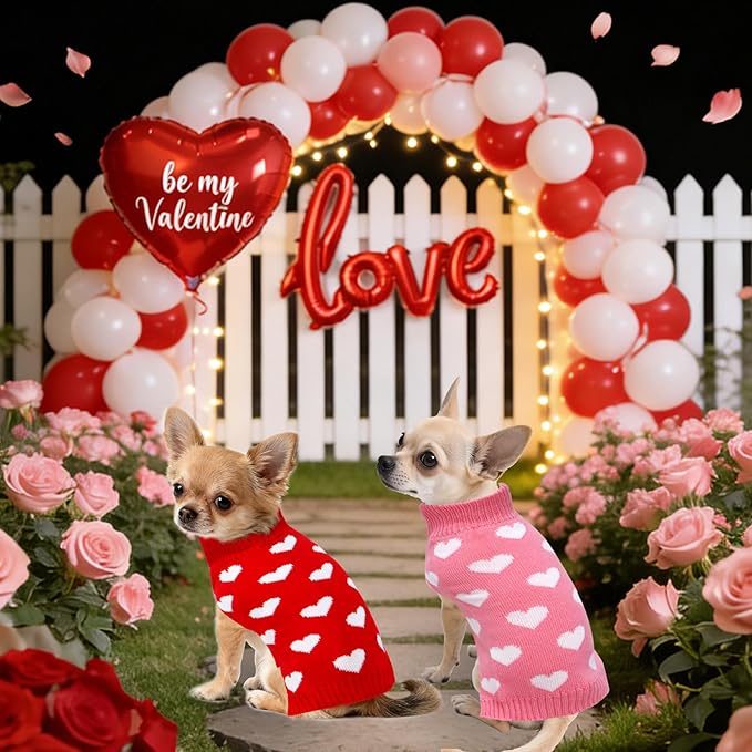 2 Pack Valentines Dog Sweater, Knit Pet Small Dog Sweater Holiday Valentine’s Day Outfit Clothes for Small Medium Large Dogs Pets (Red & Pink, Small)