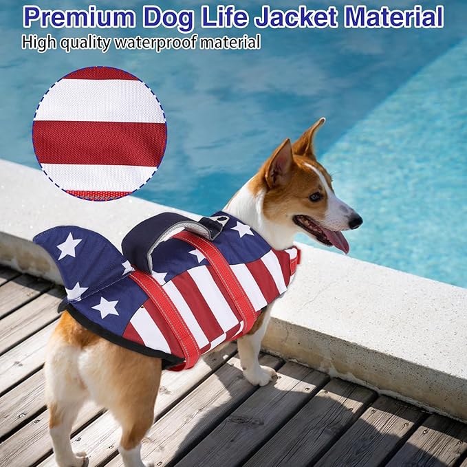 TDTOK Dog Life Jacket Shark Fin American Flag Pattern with Rescue Handle and Reflective Stripes Suitable for 4th of July, High Buoyancy Life Safety Vest for Dogs Swimming and Boating (Large)