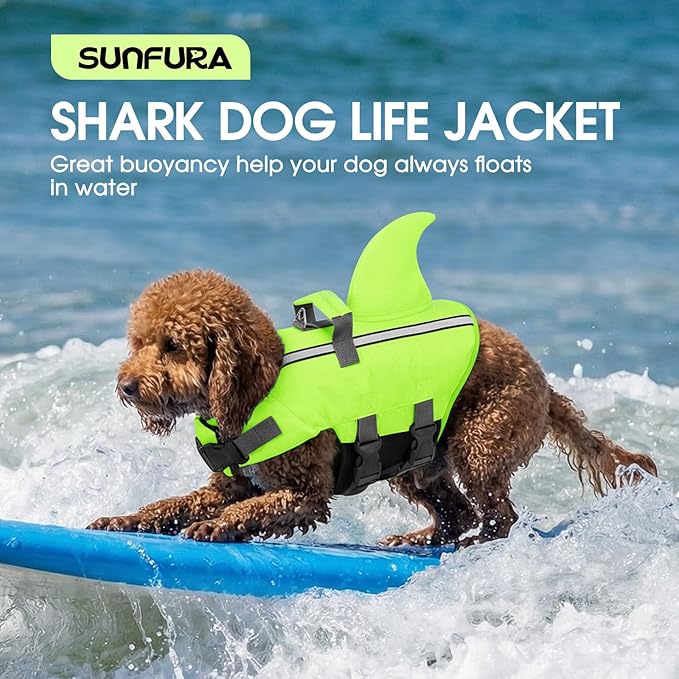 SUNFURA Dog Life Jacket Shark Life Vest for Dogs, Adjustable Swmming Vest with High Buoyancy, Safety Lifesaver with Rescue Handle for French Bulldog Small Medium Breeds, Green S