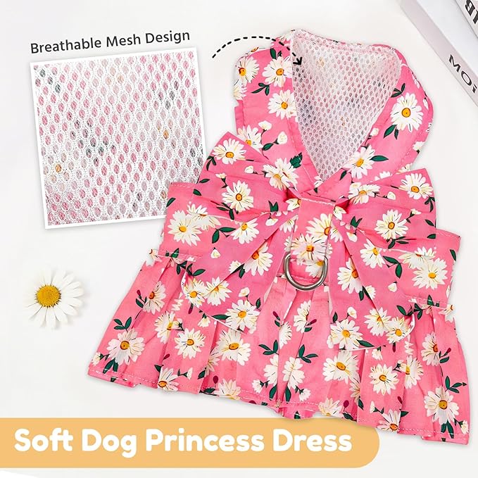 BAEJMJK Dog Dress Bowknot Harness Leash Set for Small Dogs Cats Daisy Floral Girl Dog Dresses Cute Puppy Princess Clothes Pet Doggy Outfits Spring Summer Breathable Dresses(Pink,Medium)