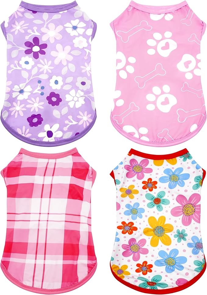PET SHOW 4 Pack Summer Dog Shirts for Small Doggies Girl UPF 50+ UV Sun Protection Cooling Clothes Tank Top Floral Puppy Cats T-Shirts Pet Holiday Party Sleeveless Vest Pink(Small)