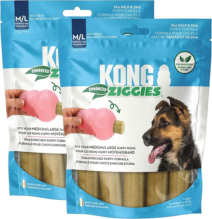 KONG Puppy Ziggies Enhanced - Teeth Cleaning Dog Treats for Puppies, Long-Lasting Chews, Works Classic Rubber Toys ((2 Pack) Medium/Large)