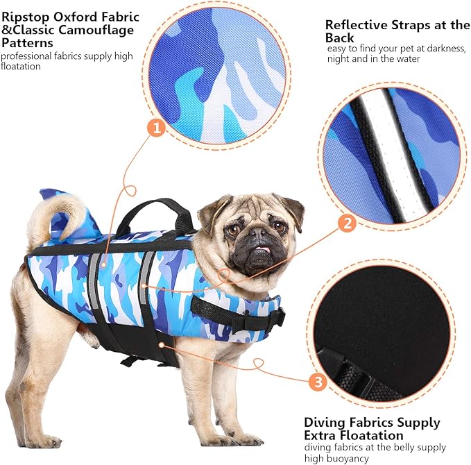 Queenmore Dog Life Jacket Pet Safety Vest High Buoyancy Camouflage Color Cute Shark with Strong Rescue Handle and Leash Ring for Boating, Canoeing, Surfing, Hunting