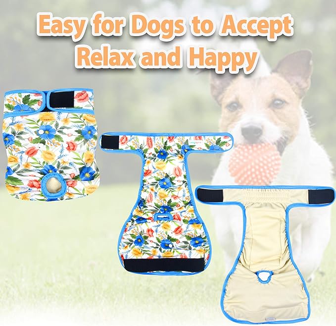 Langsprit Washable Female Dog Diapers (3 Pack) - No Leak Reusable Diapers for Doggy Female in Period - Highly Absorbent Dog Heat Panties with Adjustable Snaps (Floral, XX-Large)