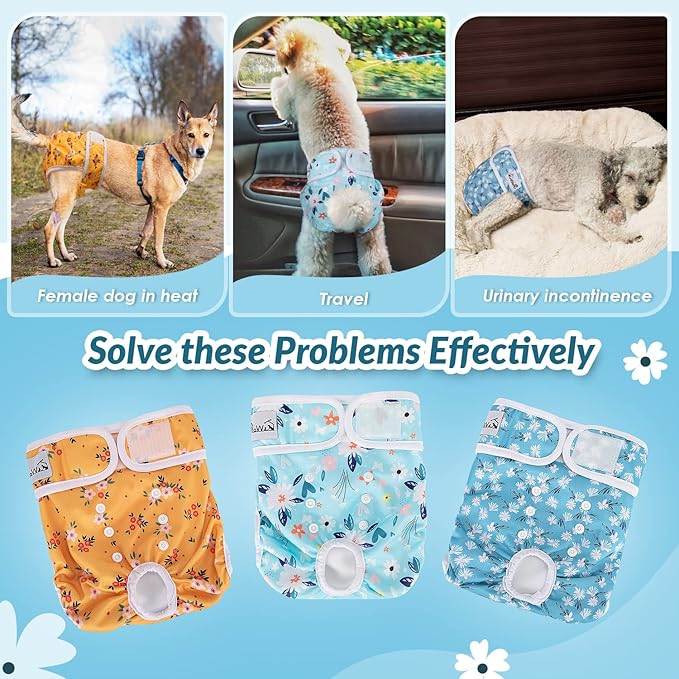 SlowTon Washable Dog Diapers Female - 3 Pack No Leak Reusable Doggie Puppy Diaper with Adjustable Buttons, Comfortable Female Dog Diapers for Heat Cycle Period Small Medium Large Dogs (M)