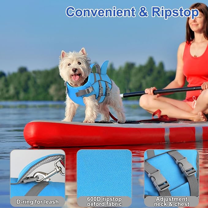 Dogcheer Dog Harness-Style Life Jacket Shark, Reflective Dog Life Vest for Swimming Boating, Adjustable Puppy Swim Vest, Pet Floating Device for Small Medium Large Dogs - Blue, XS