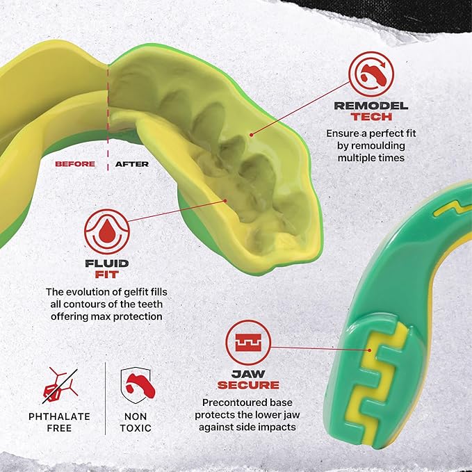SAFEJAWZ Mouth Guard, Dual Layer Mouthguard for Youth with Case, Easy Fit Remoldable Mouthpiece for Football, Boxing, Lacrosse, MMA, Basketball & All Contact Sports (Kids <11 Years, Ogre Green)