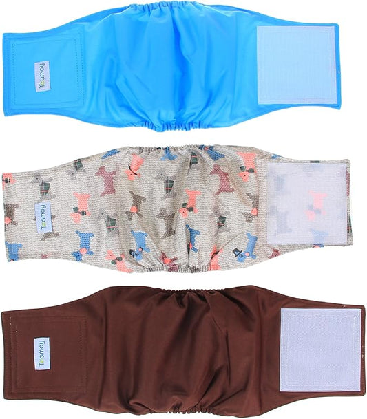 Teamoy Reusable Wrap Diapers for Male Dogs, Washable Puppy Belly Band Pack of 3 (M, 13"-16" Waist, Light Blue+ Dogs+Coffee)