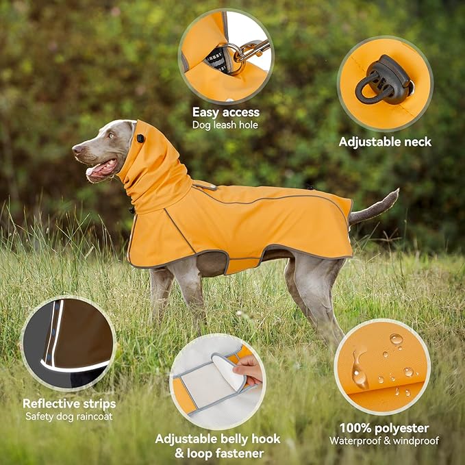 Reflective Dog Raincoat, Windproof & Waterproof Dog Rain Jacket, Adjustable Hooded Pet Poncho with Leash Hole for Small, Medium, Large Dogs(S-2XL) (Yellow, Medium)