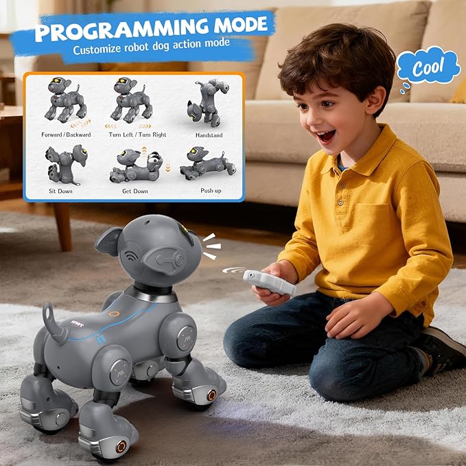 PRANITE Robot Dog, Remote Control Programmable Smart Toy with Touch and Music Interaction, Follow Mode, Interactive Puppy Gift for Kids [Gray]