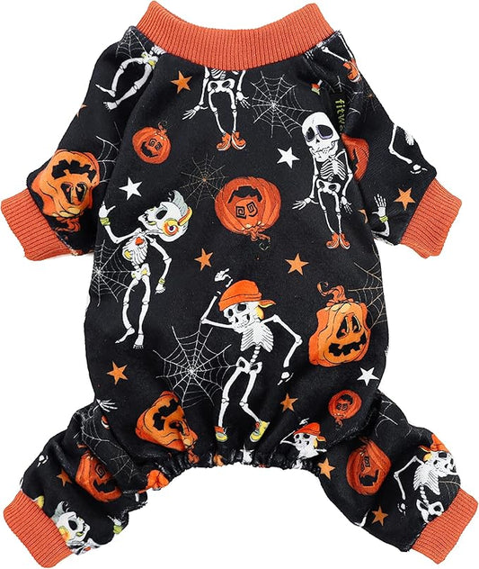 Fitwarm Halloween Skeleton Dog Costume Lightweight Velvet Pajamas Pet Clothes Doggie PJS Puppy Onesie Doggy Outfits Cat Jumpsuits Black Small