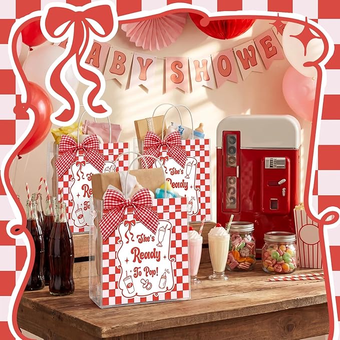 SilTriangle 24 Pcs She's Ready to Pop Baby Shower PVC Gift Bags with Handles Plastic Gift Bags Reusable Coquette Red Gingham Ribbon Tote Bulk Red Soda Gender Reveal Baby Shower Party Decorations
