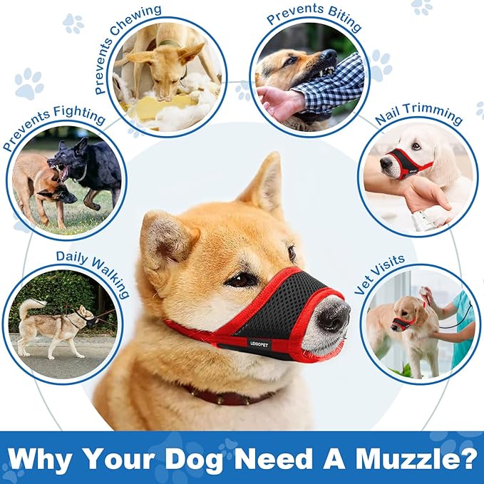 Dog Muzzle, Soft Nylon Muzzles for Small Medium Large Sized Dogs to Anti & Prevent Biting Barking Chewing, Pet Mouth Guard for German Shepherd with Adjustable Strap, Allows Panting Drinking (Red,M)