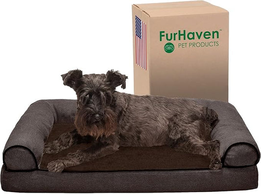 Furhaven Memory Foam Dog Bed for Medium/Small Dogs w/ Removable Bolsters & Washable Cover, For Dogs Up to 35 lbs - Sherpa & Chenille Sofa - Coffee, Medium