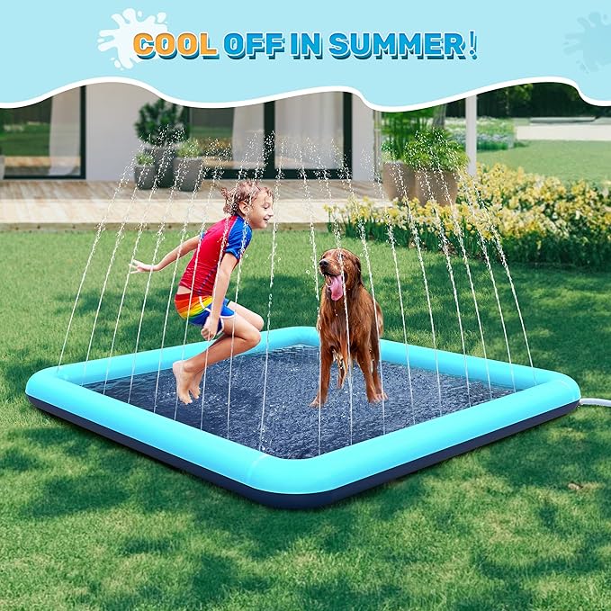 87'' Splash Pad for Dogs, Non-Slip Sprinkler for Kids, Square Splash Pad for Kids Ages 4-8, Splash Pads for Toddlers 1-3, Dog Sprinkler Shallow Pool, Outdoor Water Toys for Backyard, Teal