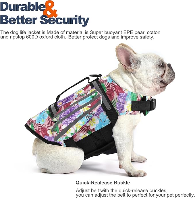 Dog Life Jacket, Wings Pet Life Vest for Swimming Boating Reflective Dog Flotation Swim Vest with Handle and Chin Float for Small Medium Large Size Dogs, L, Floral Purple