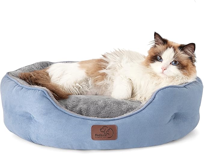 Bedsure Dog Beds for Small Dogs - Round Cat Beds for Indoor Cats, Washable Pet Bed for Puppy and Kitten with Slip-Resistant Bottom, 20 Inches, Frost Blue