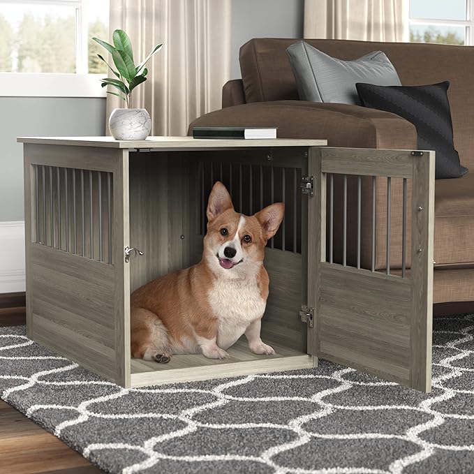 ClosetMaid Pet Crate End Table Furniture for Medium Dogs or Cats Under 25 lbs, Earth Gray Wood Grain Finish