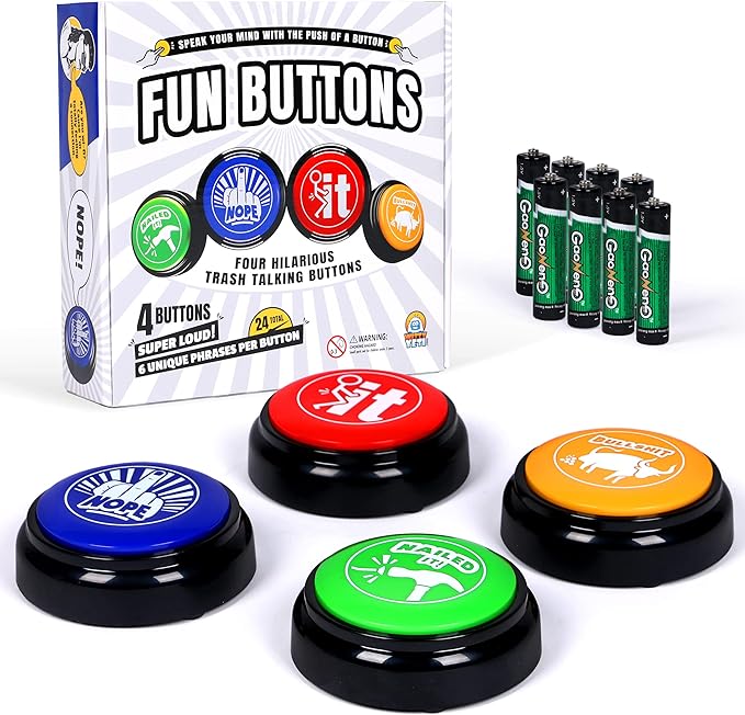 Witty Yeti Hilarious, Novelty Talking Button 4 PK Has 24 Unique Sayings. Bad Word Buttons Play Funny Sound Clips in Clear Audio, Loud Gag Gift for Coworkers or Family. Batteries Included
