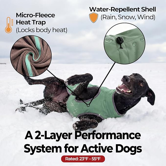 Dog Winter Vest with Fur-Safe Buckle (No Hook & Loop), Water-Repellent Fleece Lined Jacket, 360° Reflective, Leash Hole & Leg Straps, Adjustable for Hiking & Active Dogs (Green, Small)