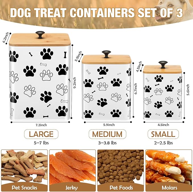Airtight Dog Treat Container Set of 3 with Bamboo Lids Metal Treat Jars for Countertop Decorative Pet Snack Storage Canister Kitchen Biscuit Holder(White)