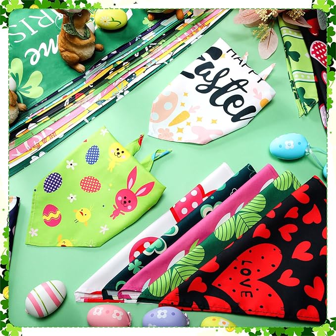 100 Pcs Easter Seasonal Dog Bandanas Easter Valentines Day St. Patrick's Day Theme Pet Bandanas Bulk Holiday Triangle Pet Bibs Scarf for Medium Large Dog Spring Festival Costume Decor