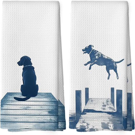 Lake House Decor Labrador Kitchen Towels Set of 2, Summer Funny Lake Dog Coastal Bathroom Hand Towel, Dog Lover Gifts Tea Towel Dish Towels 16x24 Inch