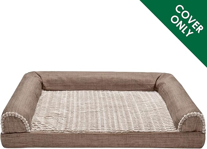 Furhaven Replacement Dog Bed Cover Luxe Faux Fur & Performance Linen Sofa-Style, Machine Washable - Woodsmoke, Jumbo (X-Large)