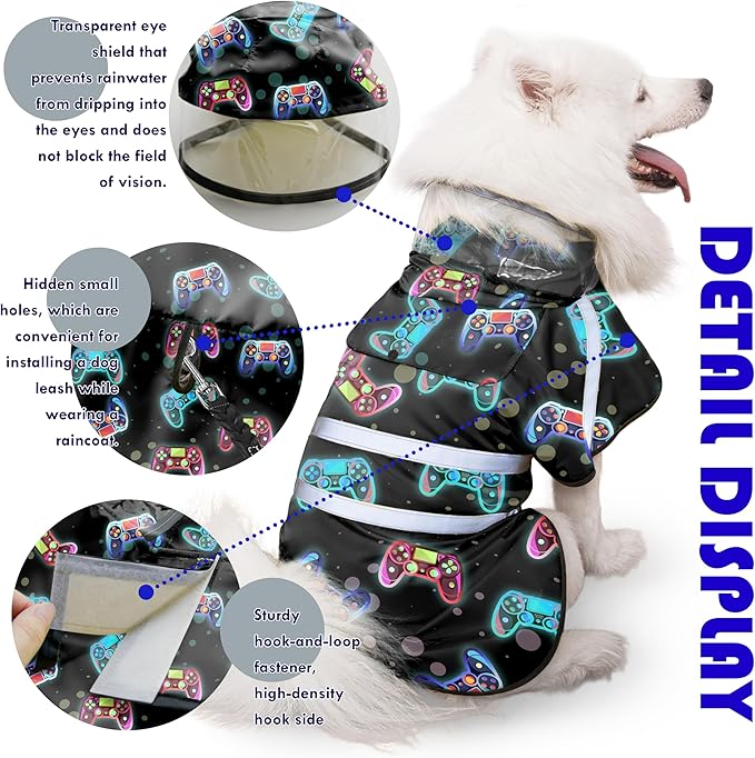 Dog Raincoat, Adjustable Rain Jacket with Hooded Double Layer for Large Medium Small Dogs Puppies, Lightweight Waterproof Rain Coat Poncho with Reflective Stripe Game Controller Black,XL