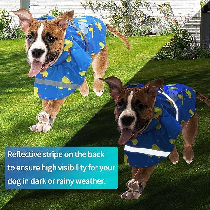 DELIFUR Large Dog Raincoat- Waterproof Dog Rain Poncho Adjustable Double Layer Rain Jacket with Hood for Medium Large Dogs Designed with Leash Hole Reflective Strip and Ducks (Blue Duck, X-Large)