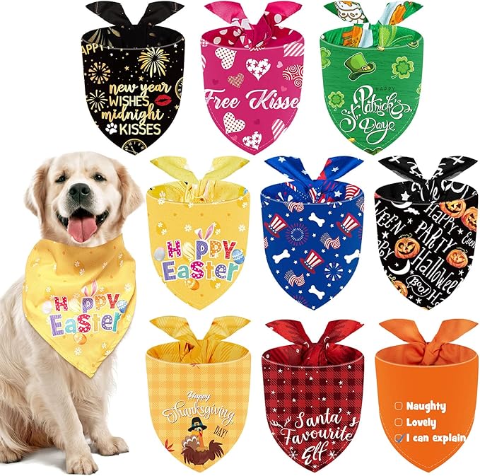 Weewooday 9 Pcs Holiday Dog Bandanas Easter Bandanas Patriotic Birthday Scarf Adjustable Large Pet Washable Scarves for Large Dog Supply(Cute Pattern)